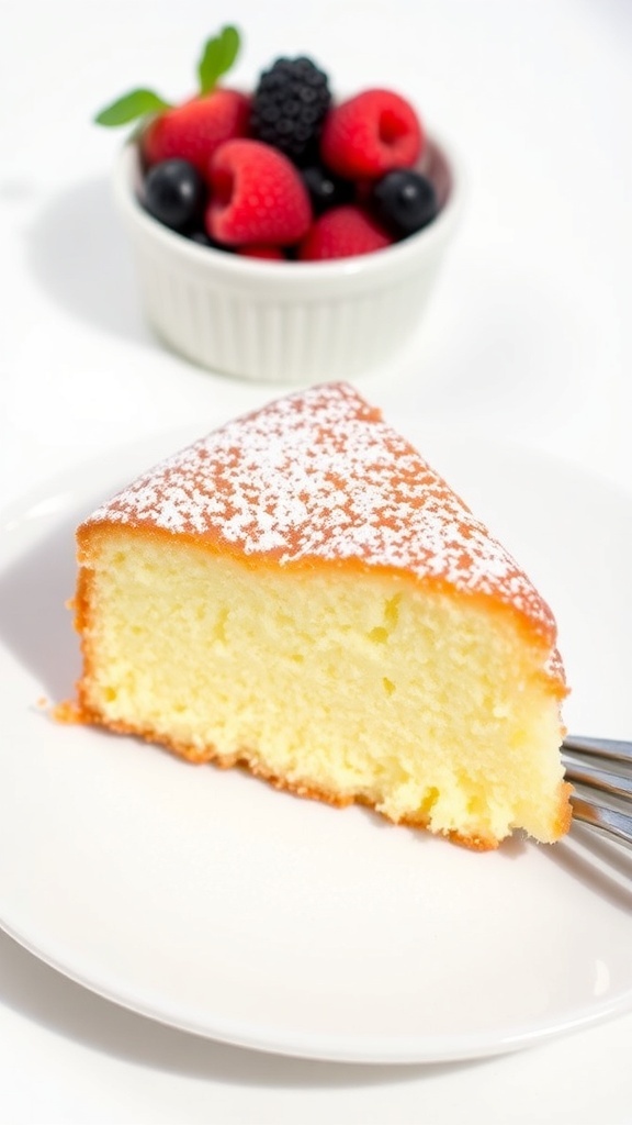 Quick Microwave Yogurt Cake Recipe A slice of yogurt cake dusted with powdered sugar on a plate, with fresh berries in the background.